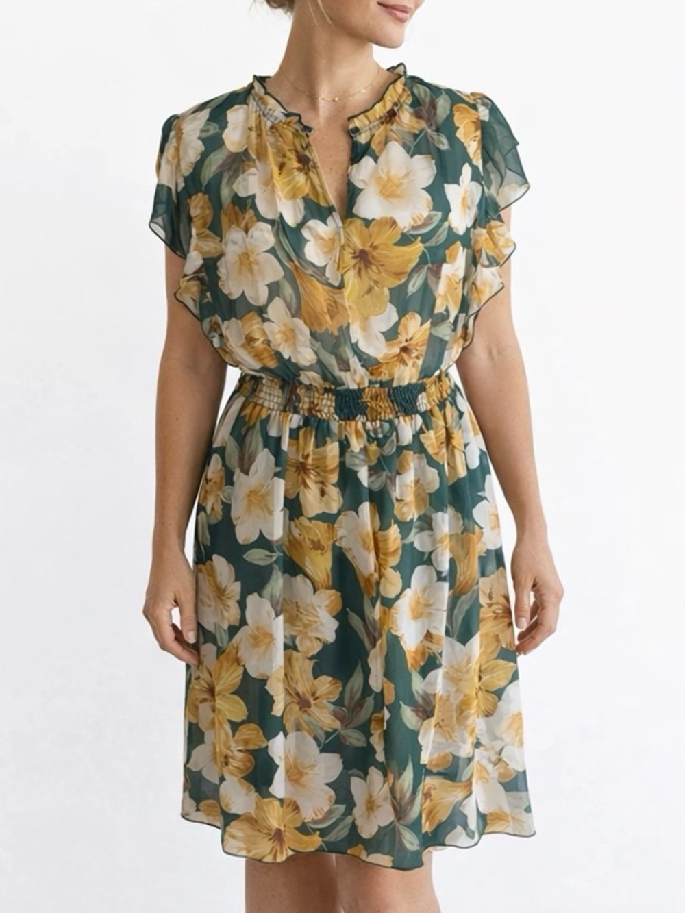 Floral Ruffle Neck Smocked Waist Dress - Green/Yellow